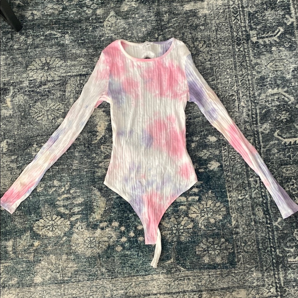 Pink and Purple Long-Sleeved Bodysuit with Tie-Dye Pattern
